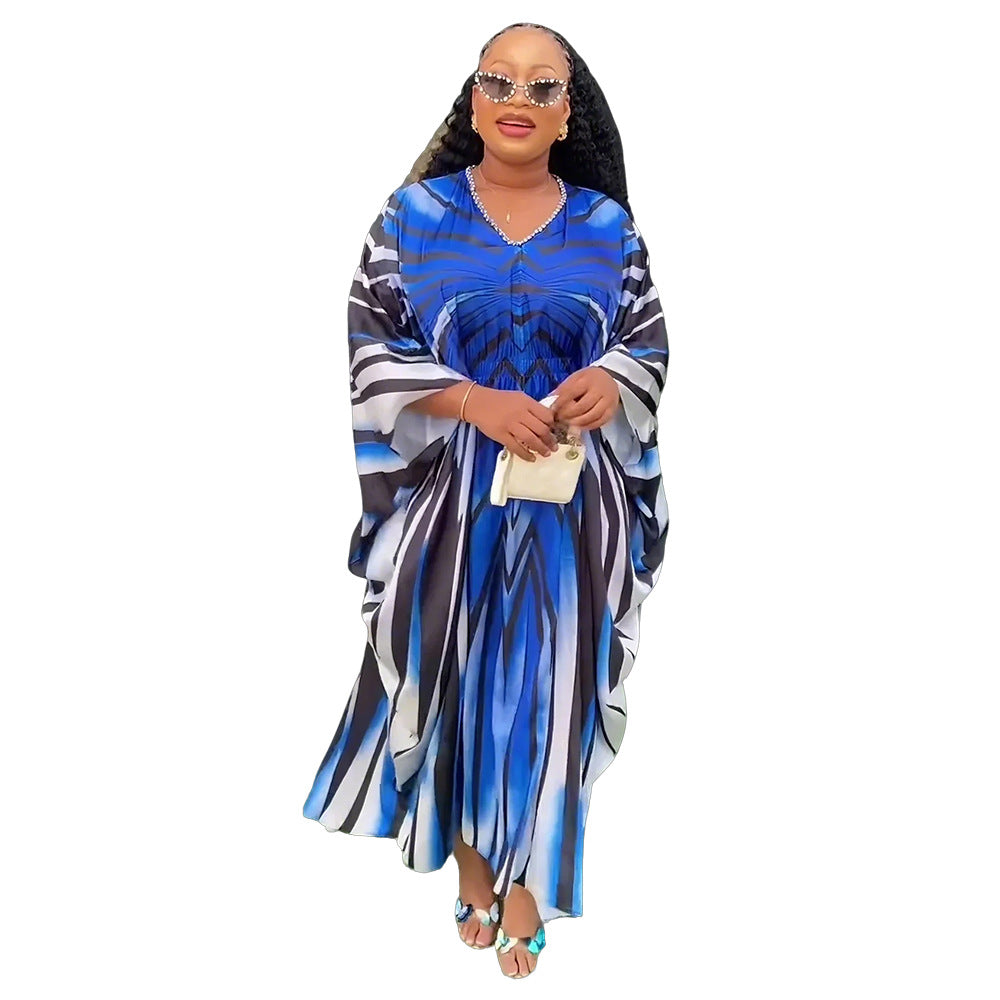 Temu cross-border e-commerce  fashion style fashion gradient stripes african women's large size adjustable waist dress