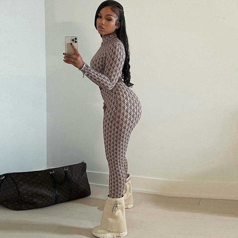 Fashionexport women's fashionprinting street round neck long sleevespants body pants fitness jumpsuit women's one piece dropshipping