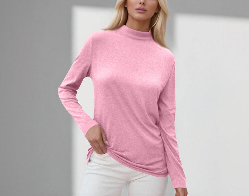 cross-border new women's long-sleeve t-shirt: everyday casual, mid-neck, solid color top, base layer - in stock