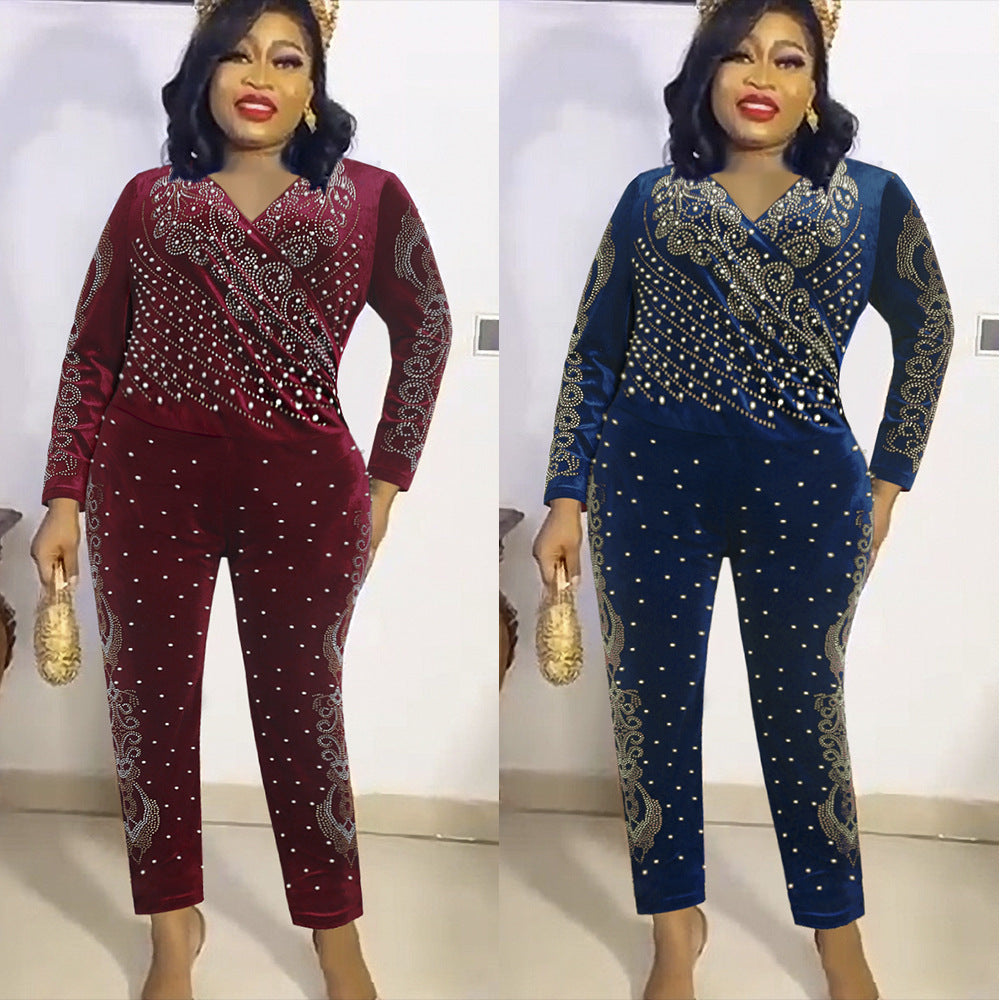 supply fall and winter new products heavy industry hot diamond beading   flannel long sleeves jumpsuit african women
