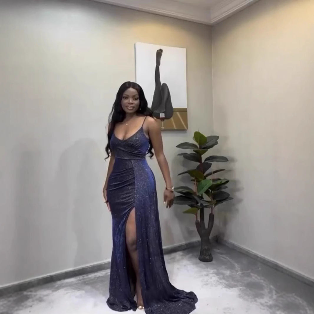 European and American style fashion new product flash suspender low-cut sexy irregular hip-wrapped dress women's clothing