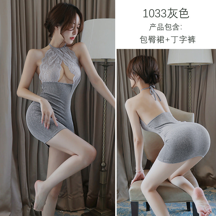 Long night's temptation: lingerie uniform set - sexy halter bodysuit with bodycon mini skirt - women's nightclub outfit 1033