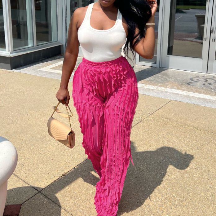 autumn european and american cross-border fashion women's mesh wave pattern high-waisted wide-leg loose pants