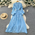 Elegant red lace pleated dress - women's unique tie-waist a-line maxi dress for work and everyday style