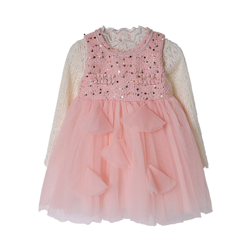 Girls' dress -  autumn new arrival: high-end starry sky sparkle princess dress with lace top, vest, and tutu skirt - trendy style