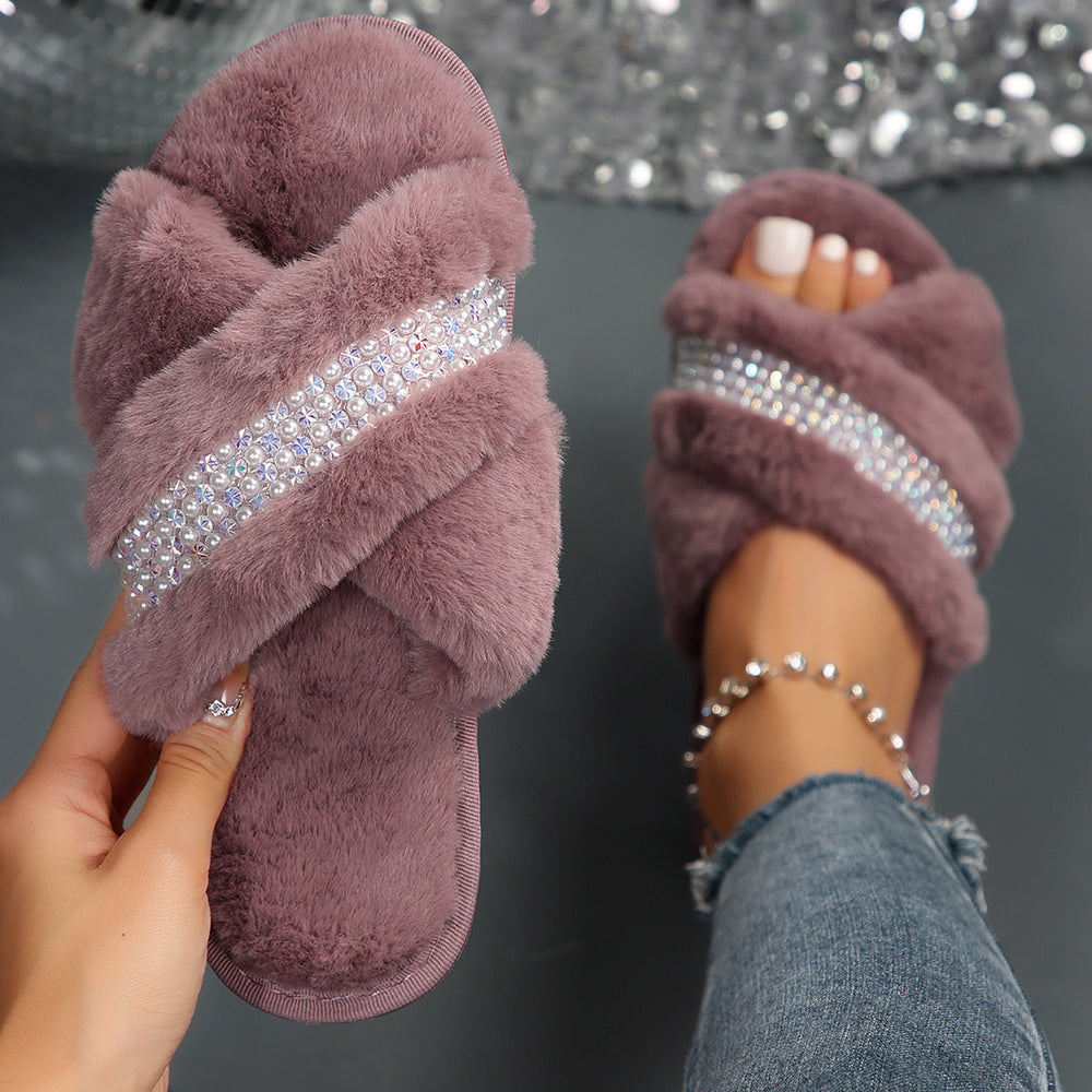 Double strap criss-cross warm fleece slippers women's autumn/winter home indoor maternity slippers plush cotton slippers wholesale