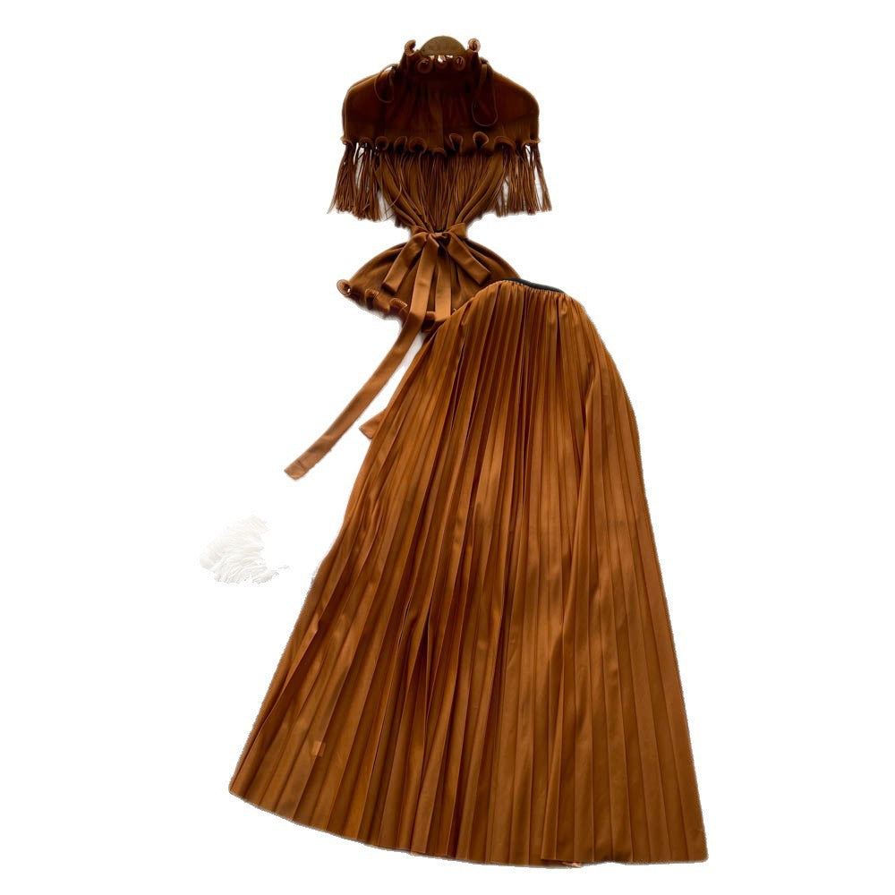 Miya pleated suit women's sense of design strappy waist tassel pleated topshigh waistpleated skirttwo-piece set