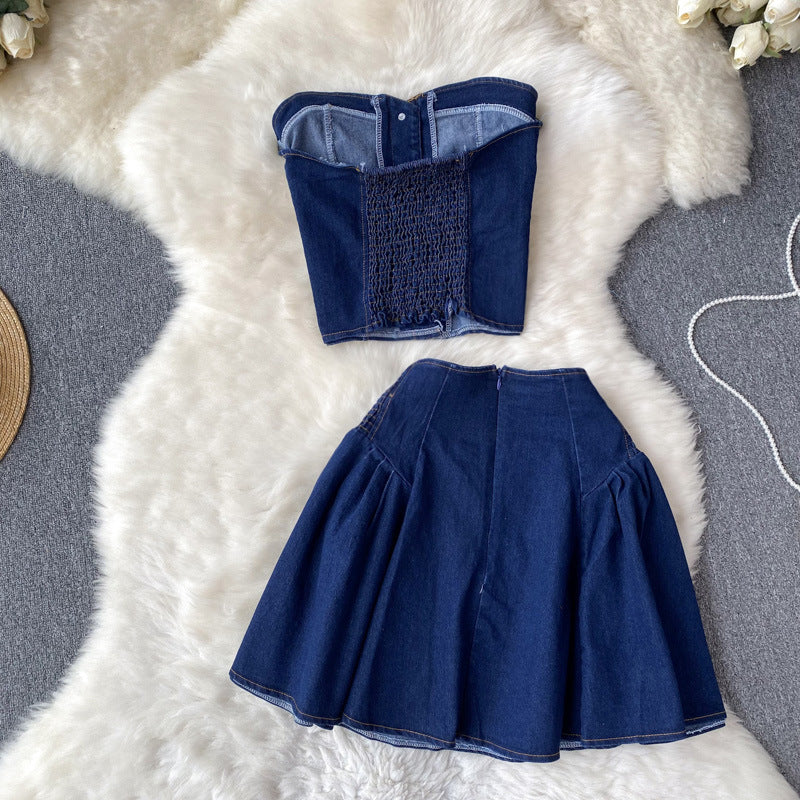 Sweet and edgy girl's summer outfit: cropped denim tube top and high-waisted a-line skirt set