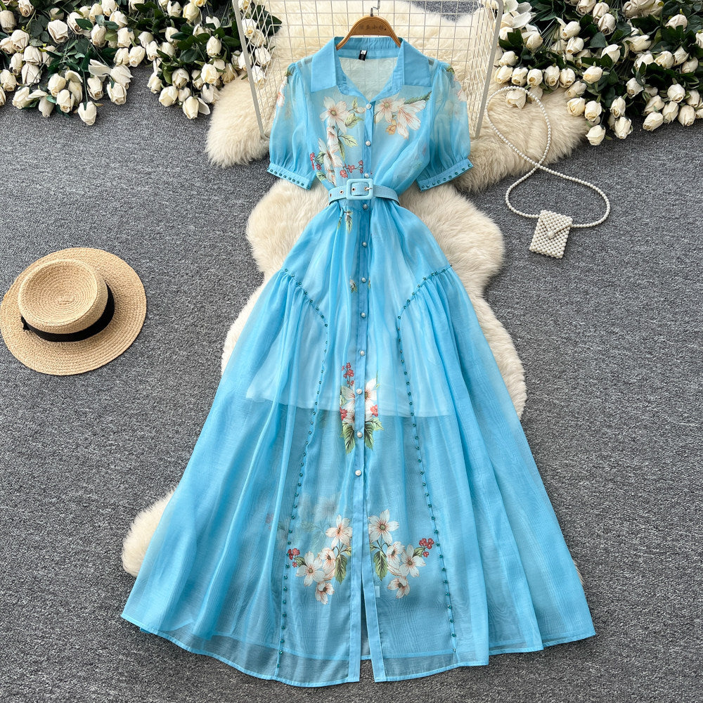 Elegant bubble sleeve floral embroidered dress - korean style, cinched waist, a-line silhouette, soft & chic, perfect for work