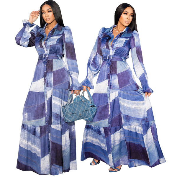 TD2331 European and American  women's clothing contrasting color long-sleeved button-up cardigan long dress with belt