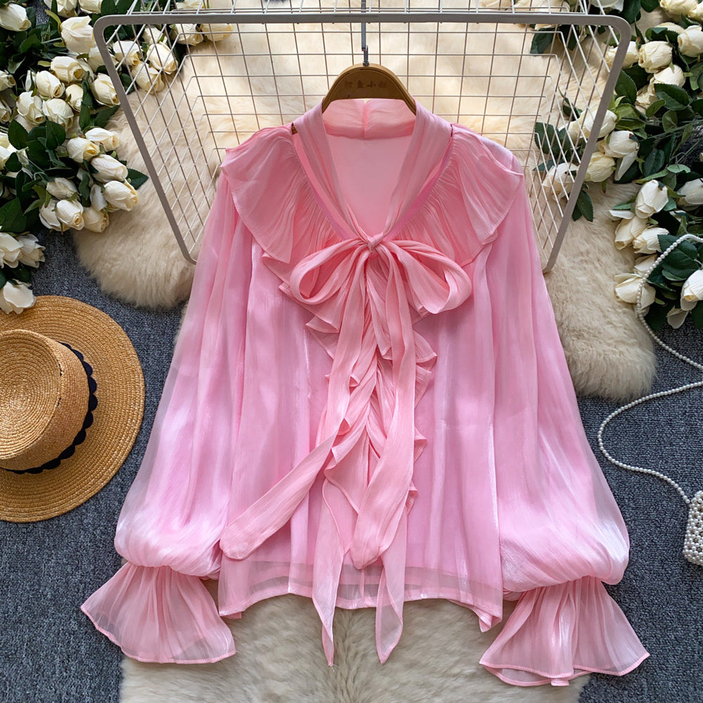 Korean style commute chic pink bow tie blouse - women's summer long sleeve ruffle trim loose fit solid color top