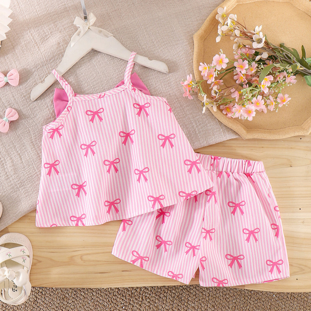 Girls' bowknot striped outfit - pink suspender shorts two-piece set - sweet summer outfit for baby girls