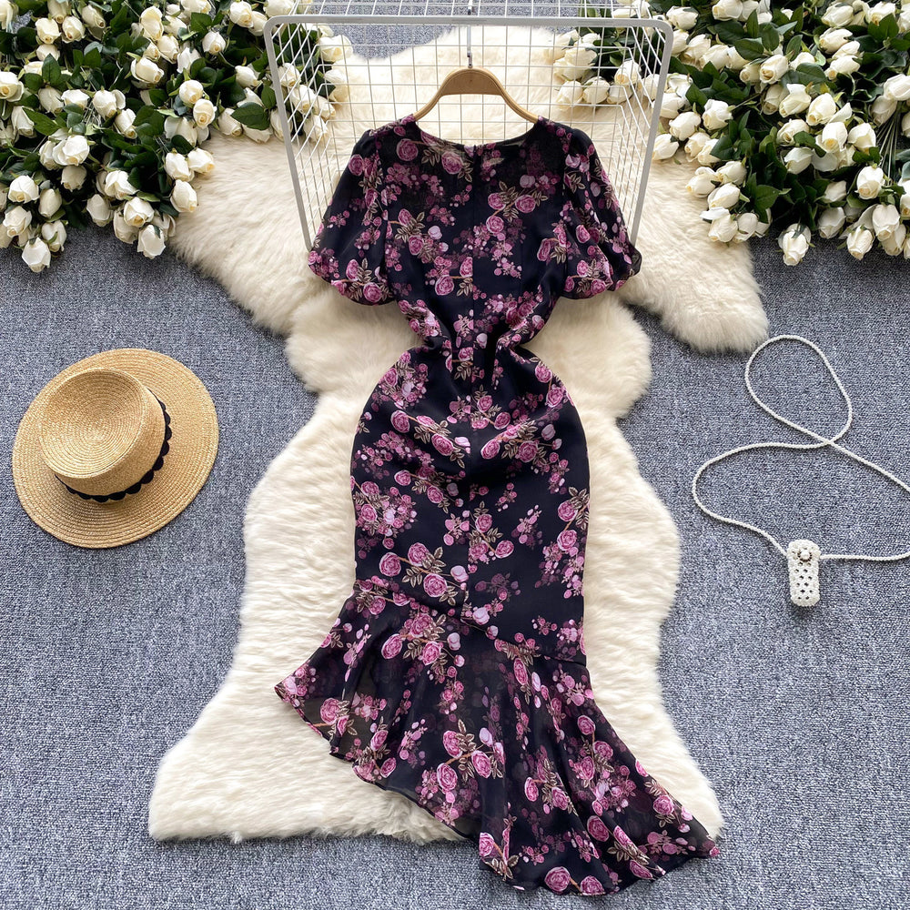 Frenchromantic atmosphere floral dress women's summer puff sleeves asymmetrical design niche styleaccessible luxury fishtail long skirt