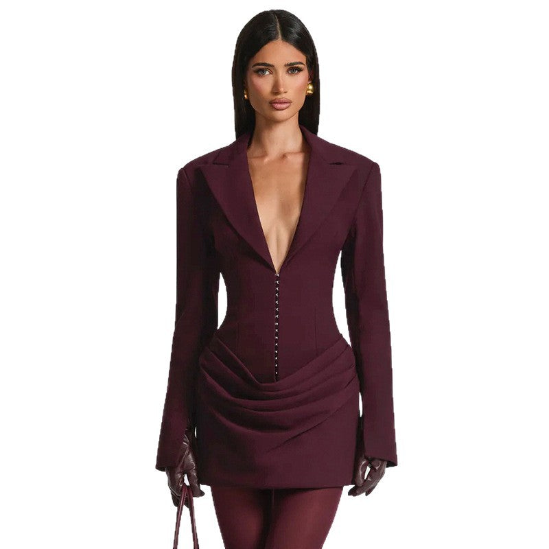 cross-border fashion: european & american style women's autumn/winter new collection - elegant solid color deep v-neck lapel pleated waist blazer dress