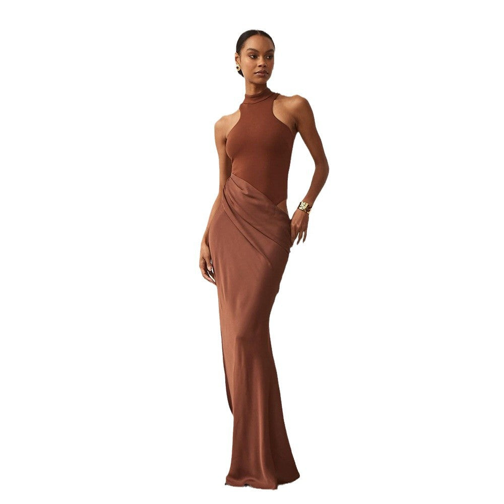 European and american style new  cross-border women's fashion mock neck sleeveless slim-fit patchwork cutout bodycon dress