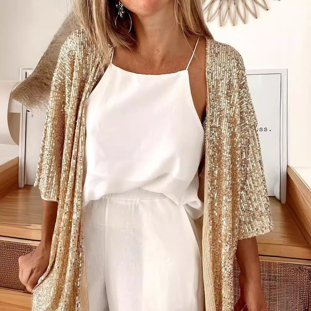 Independent station direct sales cross-border fashion 2025 autumn new women's sequined plus size loosetops color outwear