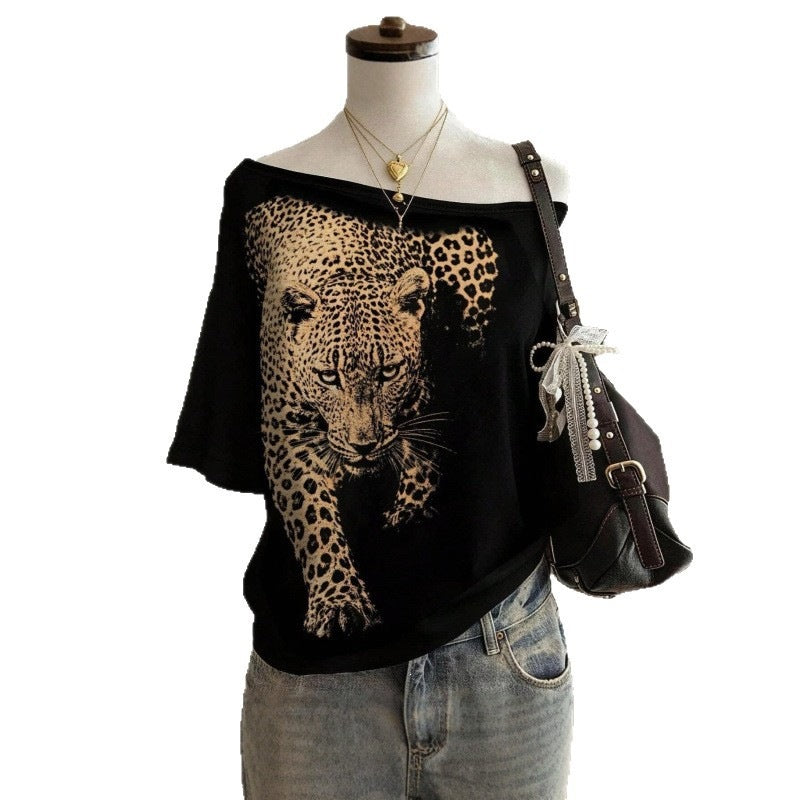 fashion style off-shoulder short-sleeved t-shirt women's leopard print printinglooseslimming looksummernew arrivalfashioneasiest for matchtops