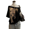 fashion style off-shoulder short-sleeved t-shirt women's leopard print printinglooseslimming looksummernew arrivalfashioneasiest for matchtops