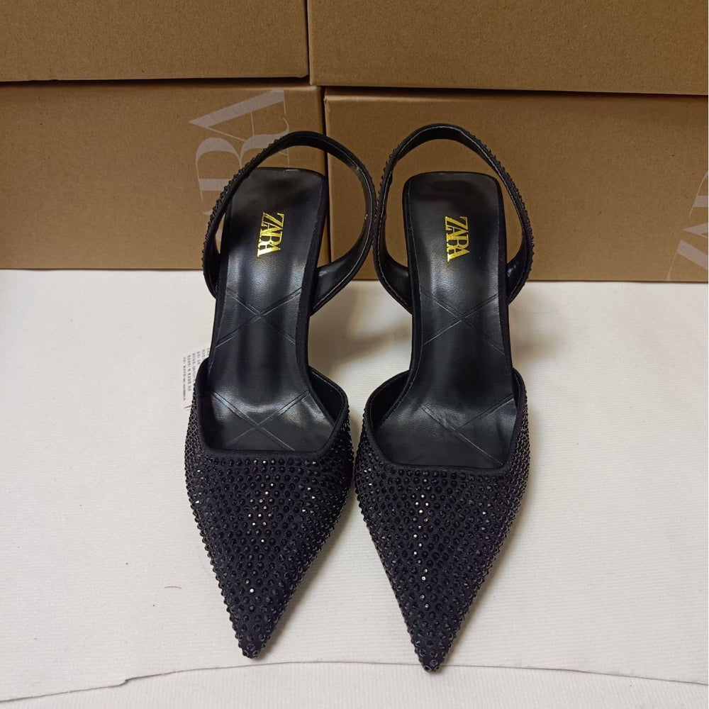 Za summer new 2024 high heel women's shoes - french pointed toe rhinestone embellished fashion back strap open heel stiletto pumps