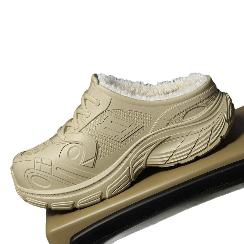 2025 new women's fleece-lined chunky sneakers: non-slip, waterproof, outdoor & indoor casual, versatile thick-soled cotton slippers