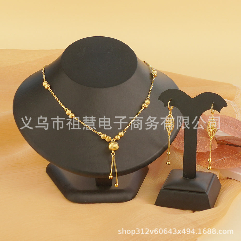 2pcs middle eastern hollow frosted round bead long necklace with geometric shape earrings luxury suit wedding party gift
