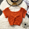 Bowknot ruched v-neck short sleeve ice silk top - women's summer 2024 korean style high-waisted cropped t-shirt