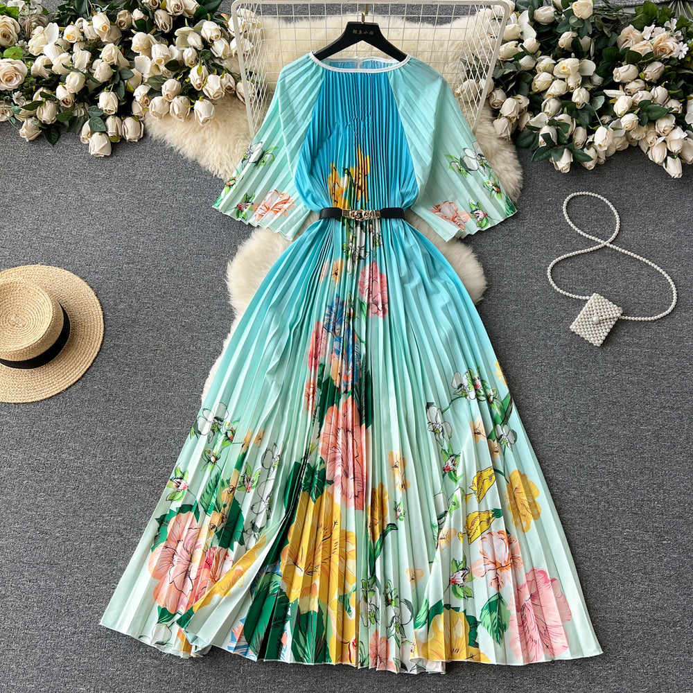European and american retro court style design printed long dress with heavy pleating, puff sleeves, and pleated skirt - spring collection for women