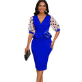 D502  summer new arrival mesh flocked puff sleeve v-neck fashionable elegant bodycon foreign trade dress