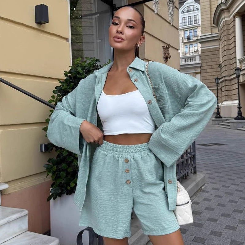 Cross-border European and American solid color large size casual cardigan shirt set women's  fashion design shorts two-piece set tide