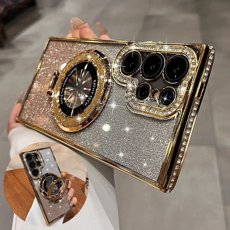 Suitable for samsung s25 protective case s26 edge diamond phone case s24 transparent rhinestone magnetic stand a56 anti-fall glitter powder