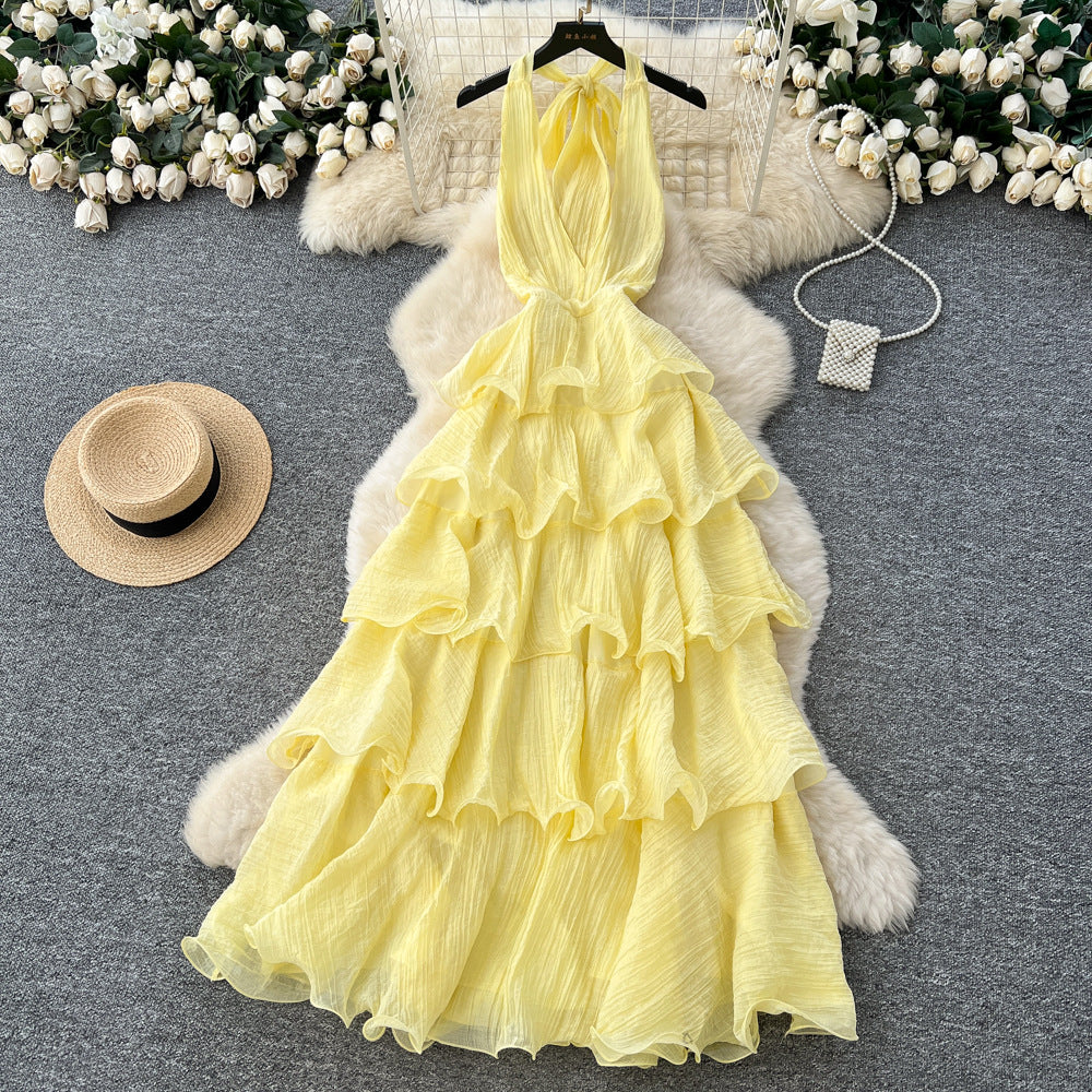 Frenchelegant atmosphere deep v neckhalter strap backlessdress women's waist slimming lookruffles suspender skirt