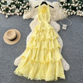 Frenchelegant atmosphere deep v neckhalter strap backlessdress women's waist slimming lookruffles suspender skirt