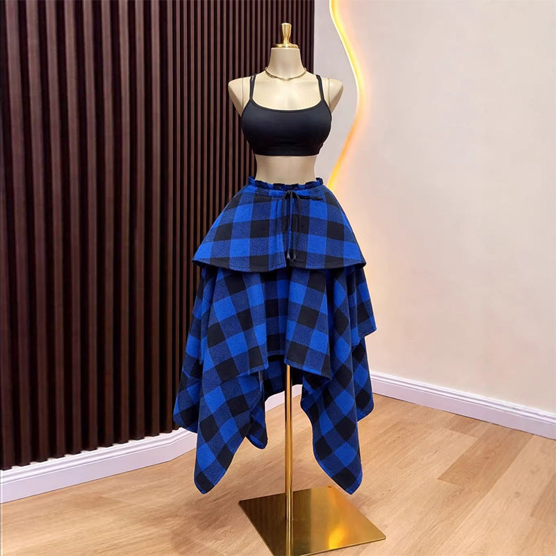 European and american cross-border women's fashion:  summer new arrival - high-waisted plaid layered midi skirt with asymmetrical hem