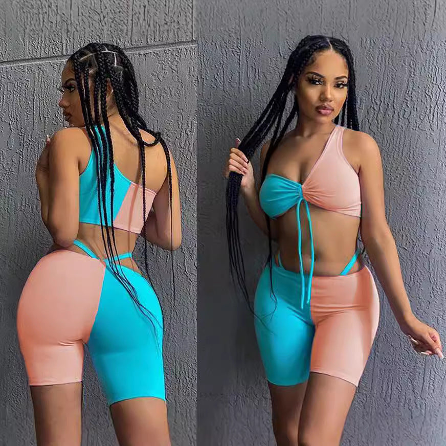 European and american cross-border women's fashion: new arrivals on  and  - sexy color block one-shoulder drawstring sporty two-piece set