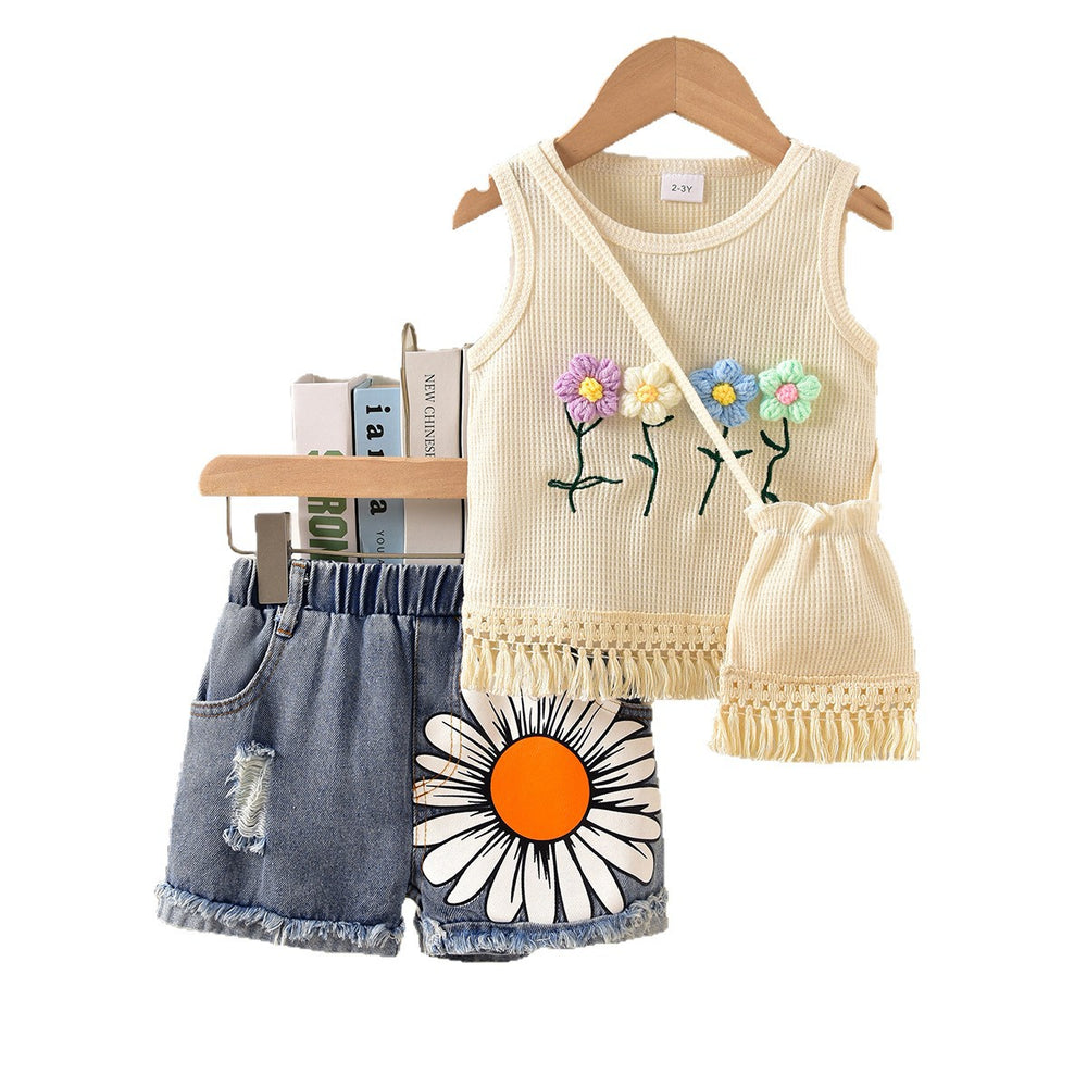 Girls' and boys' floral tassel top, denim shorts, and backpack set