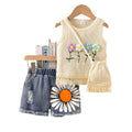 Girls' and boys' floral tassel top, denim shorts, and backpack set