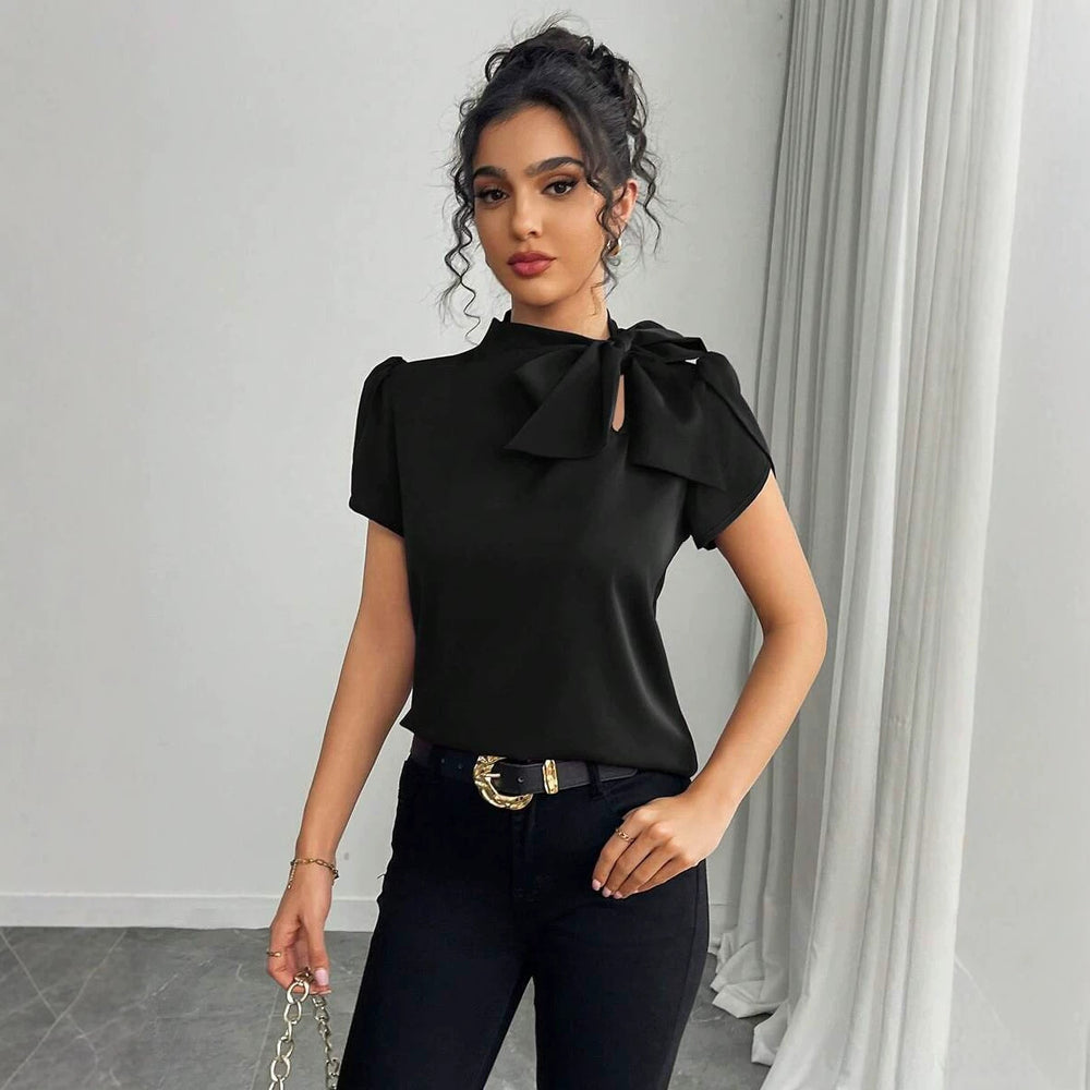 Women's casual solid color tie-waist bow flare sleeve blouse, spring/summer european and american style slim fit top