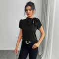 Women's casual solid color tie-waist bow flare sleeve blouse, spring/summer european and american style slim fit top