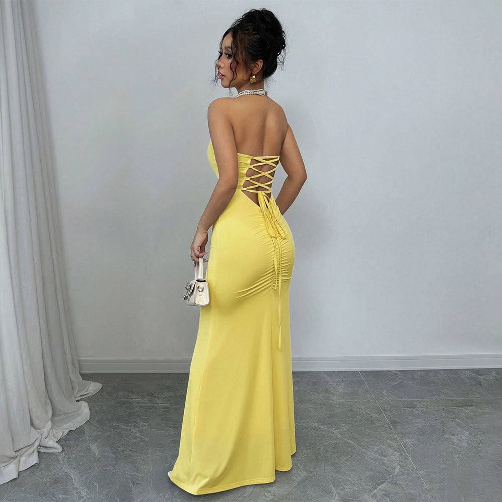 European and american cross-border new  dress: strapless, backless, tie-up maxi dress - sexy, socialite, fashionable, and slim-fit