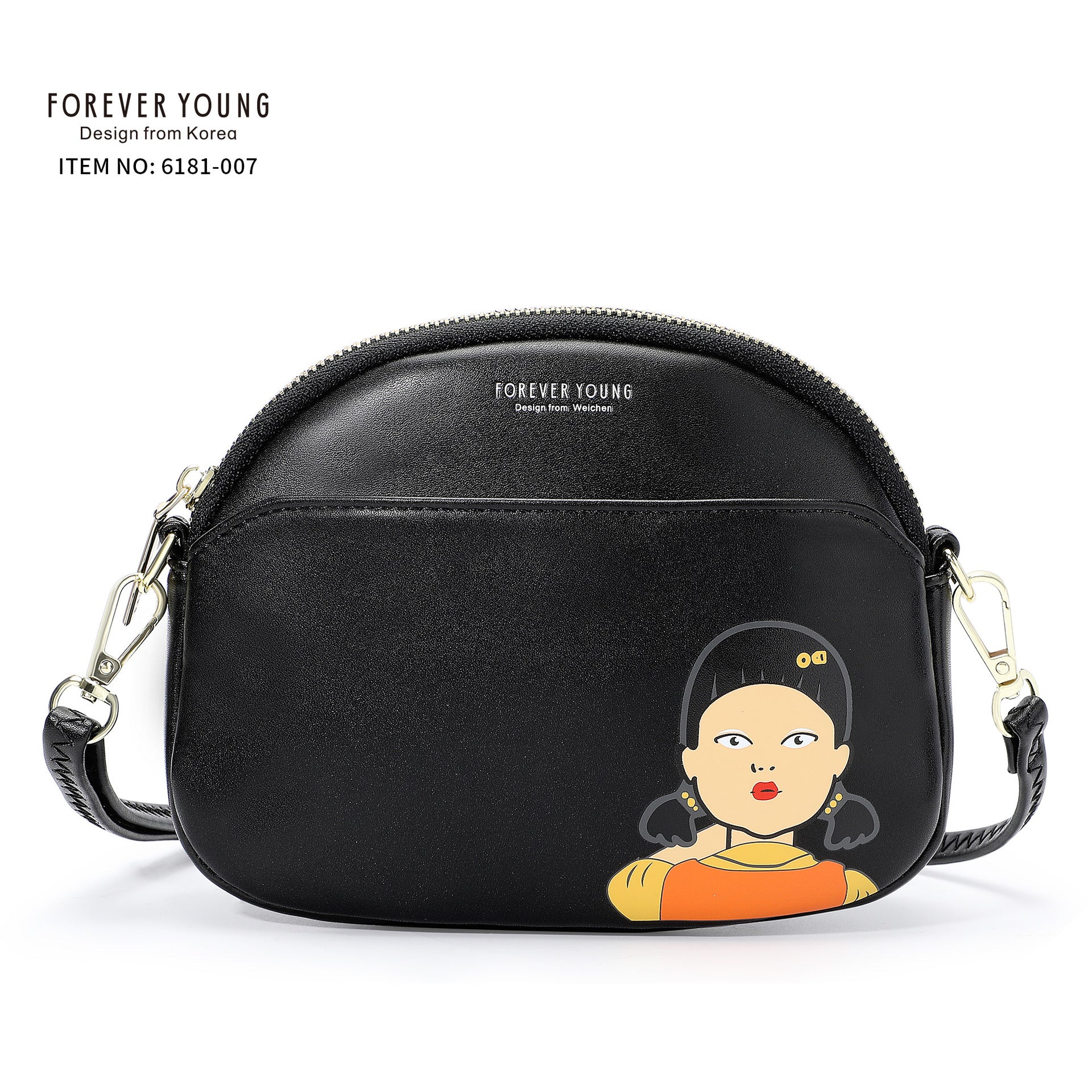 Foreveryoung simple PU women's bag Korean shoulder bag student messenger bag printed double zipper mobile phone bag