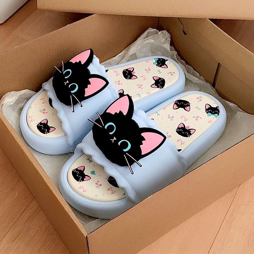 Cartoon cute stylish slippers summercasualpopularoutwear soft bottom home sweet cool non-slip little black cat one word