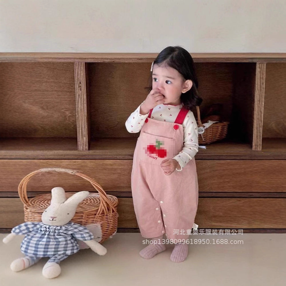Autumn cherry two-piece overalls set - girls' outfit, new cartoon style, korean fashion, cute baby
