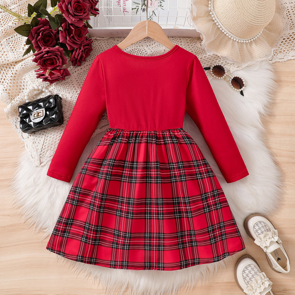 Christmas outfit: new plaid long-sleeve bow dress for girls, toddler to mid-sized children, holiday party formal dress