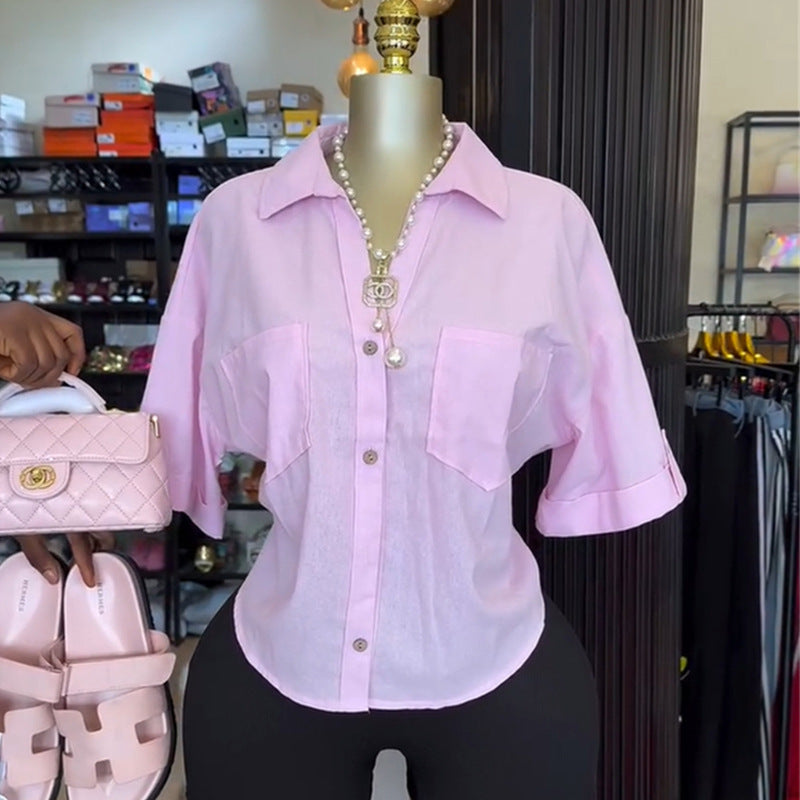 European and american cross-border women's fashion:  autumn new arrival - elegant turn-down collar, solid color, pocket, button-down, designer short-sleeve shirt