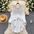 Korean style design lapel long sleeve shirt dress women's summer ruffle asymmetrical midi dress commute elegant