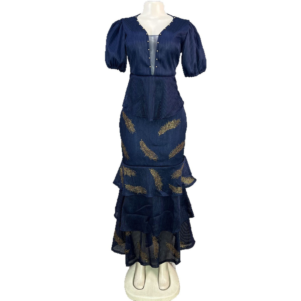 Export african women's v neck mesh silm beading hot diamond pleated lotus leaf fishtail long skirt small dress