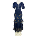 Export african women's v neck mesh silm beading hot diamond pleated lotus leaf fishtail long skirt small dress