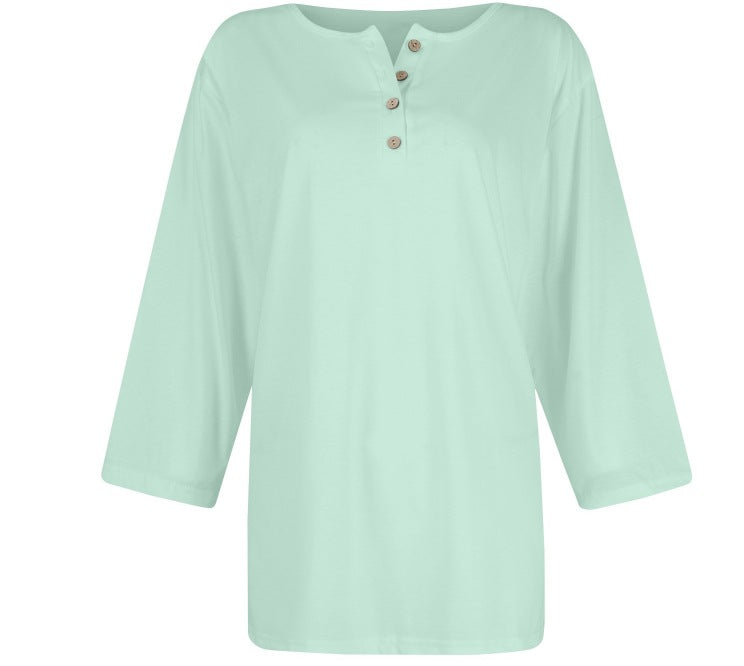 cross-border  women's fashion casual three-quarter sleeve solid color button-down crew neck t-shirt top