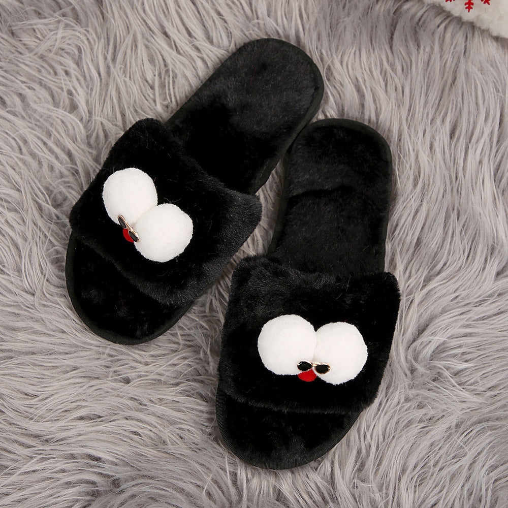 Cartoon cotton slippers for women, autumn and winter outerwear, 2024 new style, flat bottom glasses, large size fleece-linedheattech fur slippers for women