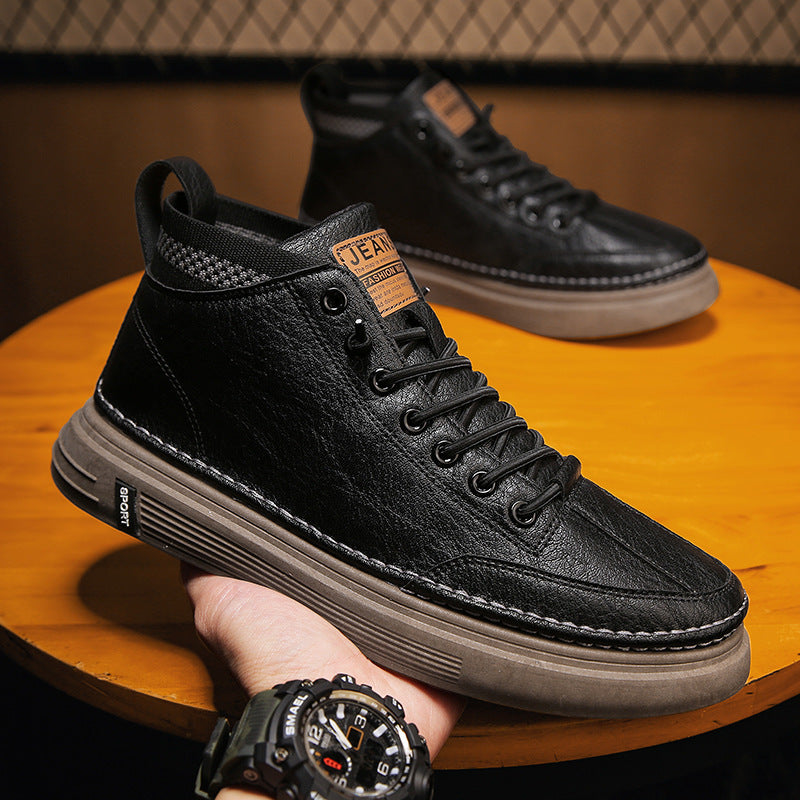 2025 new spring men's shoes: spring work trendy high-top sneakers, casual leather shoes, martin boots, versatile fashion sneakers